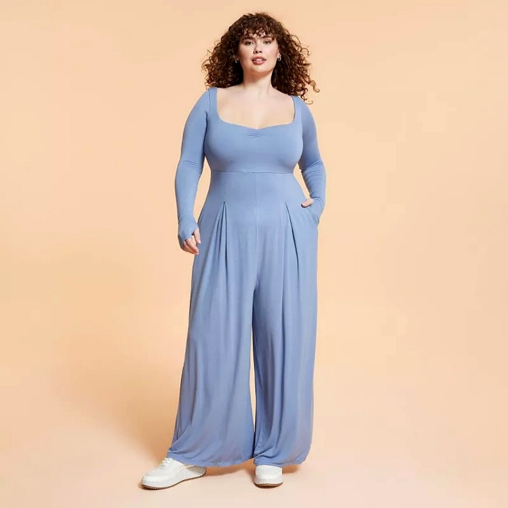 Blogilates Women's Sweetheart Wide-Leg Jumpsuit - Steel Blue 1x